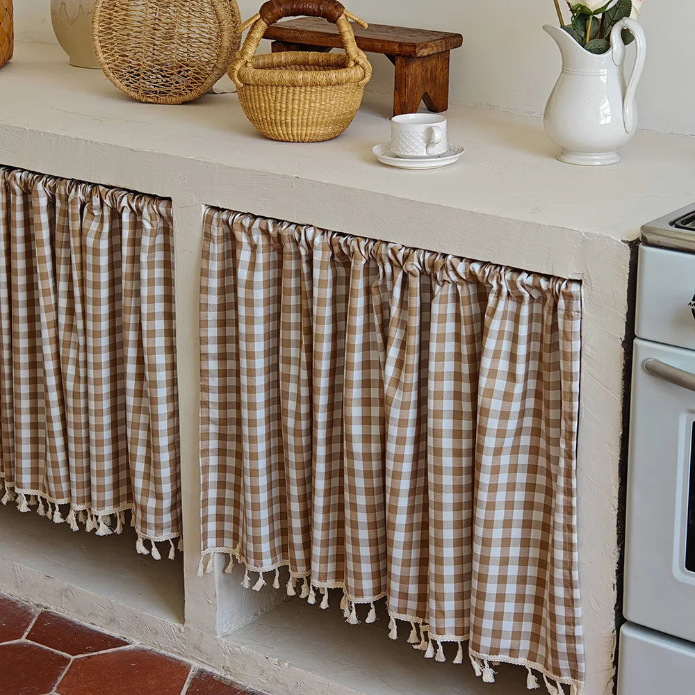 rideau marron blanc carreaux opacité rustique cuisine fenêtre 55w 30cm 50cm 70cm 90cm 120cm