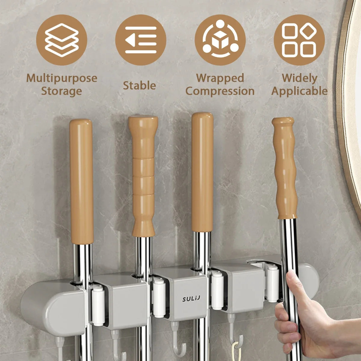 organisateur mural gris outils nettoyage crochets serpillères balais minimaliste autoadhésif