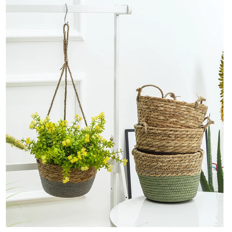 paniers suspendus corde tressée naturel vert gris rustique intérieur extérieur plantes fleurs bohème durable