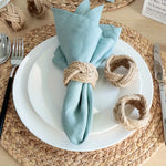 porte serviettes tissus unis franges bleu clair blanc corde nouée décoration table rustique multifonctionnel