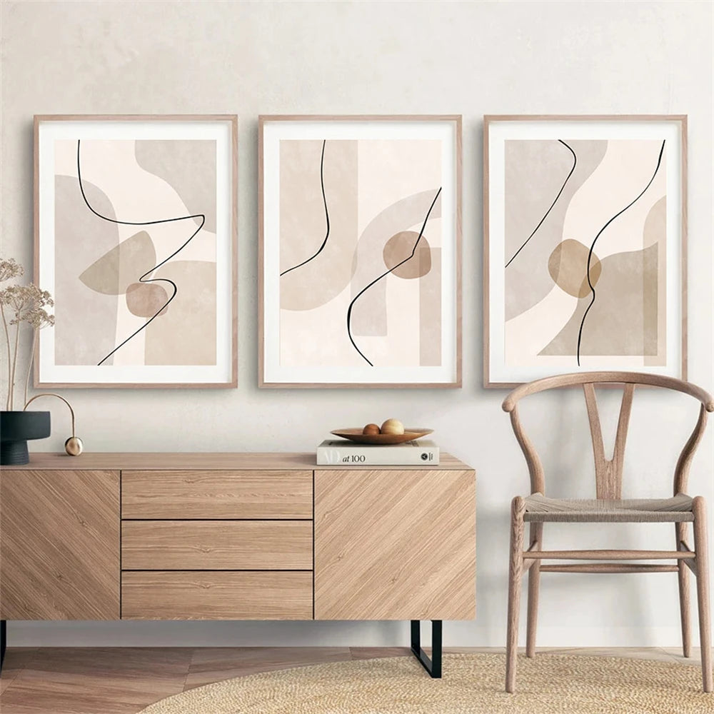 tableau abstrait beige contemporain sans cadre lignes noires salon horizontal unique huile toile