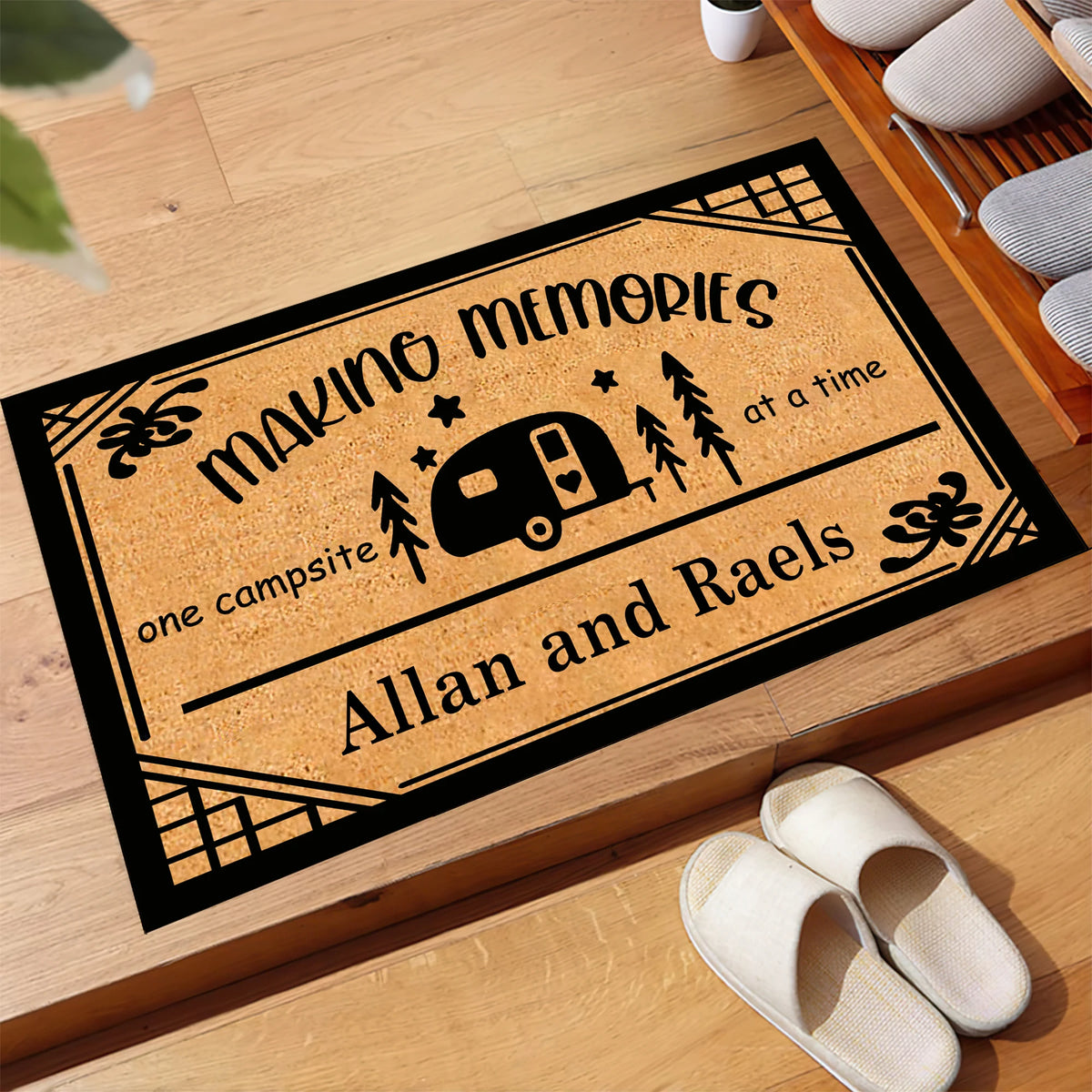 tapis d'entrée imperméable antidérapant marron clair motif camper arbres étoiles personnalisé résistant rides