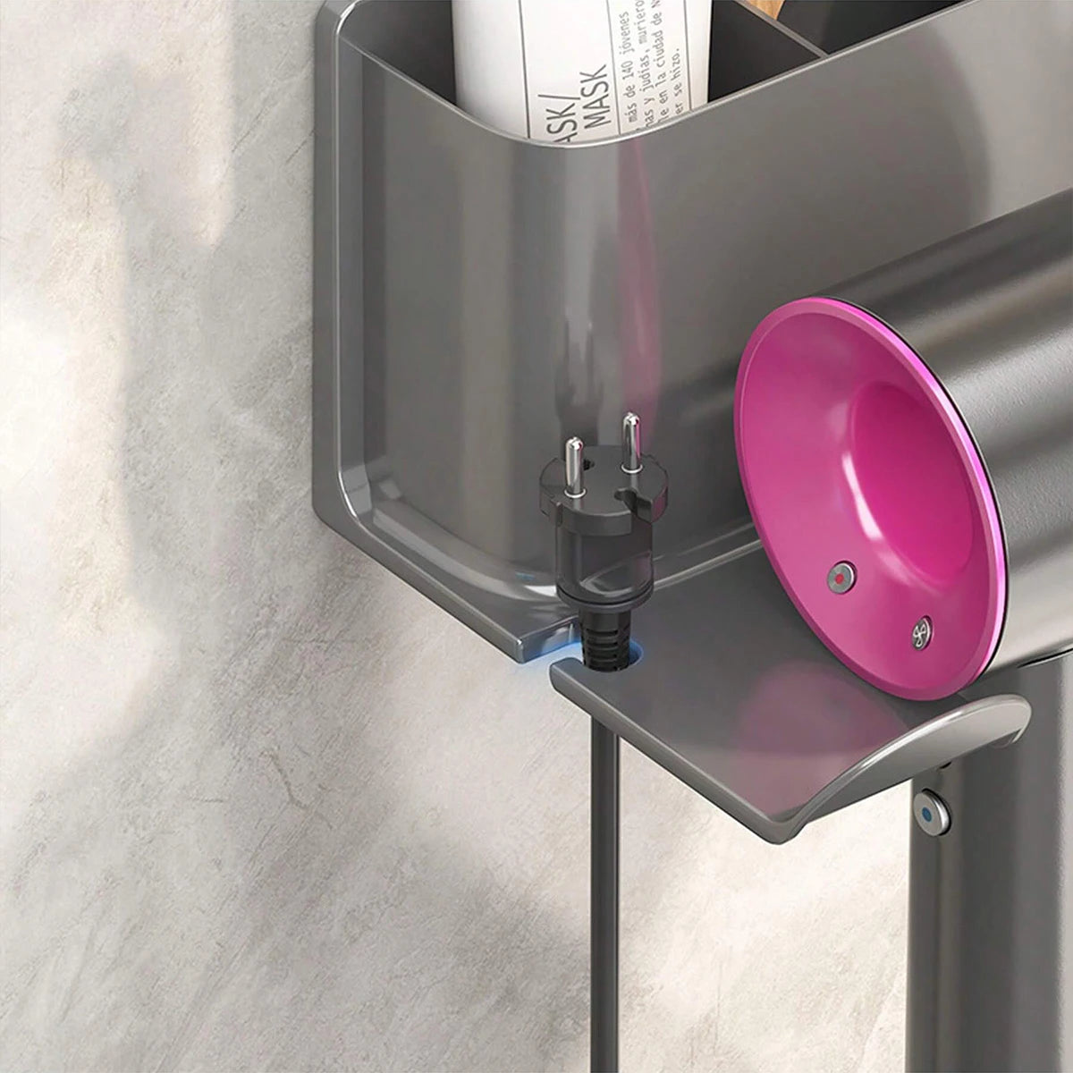 porte sèche cheveux adhésif moderne gris métallisé salle bain rangement brosse gobelet téléphone