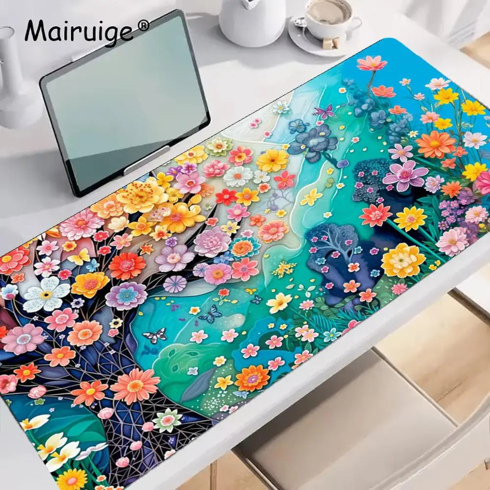 tapis souris fleurs colorées moderne bleu vert rose jaune blanc abstrait gaming bureauDecoration