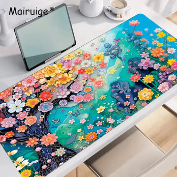 tapis souris fleurs colorées moderne bleu vert rose jaune blanc abstrait gaming bureauDecoration