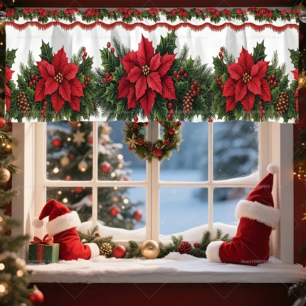 rideau fenêtre noël blanc rouge vert poinsettia houx opacité 140x45cm decoration façade cuisine
