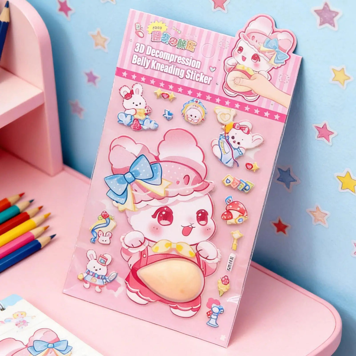 stickers 3d animés personnages mignons ours panda lapin gâteaux fruits rose beige bleu orange