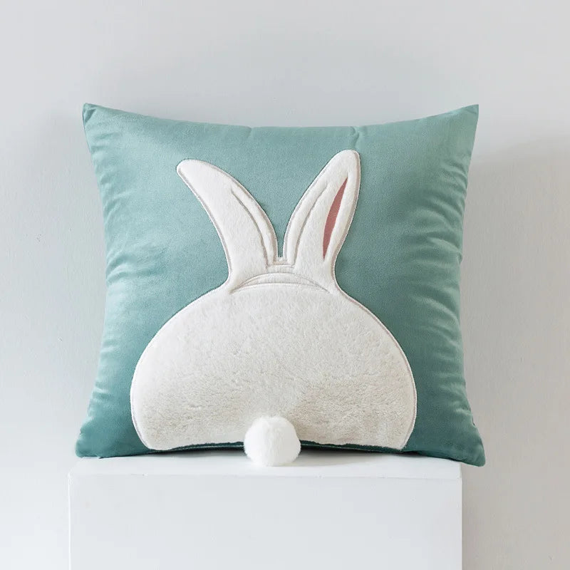 coussin gris clair motif lapin blanc mignon fermeture glissière ultra doux polyester coton jacquard