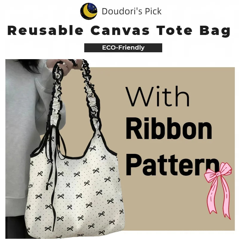 sac main réutilisable toile motif nœuds blanc pois moderne élégant rubans plissés poignées détachables