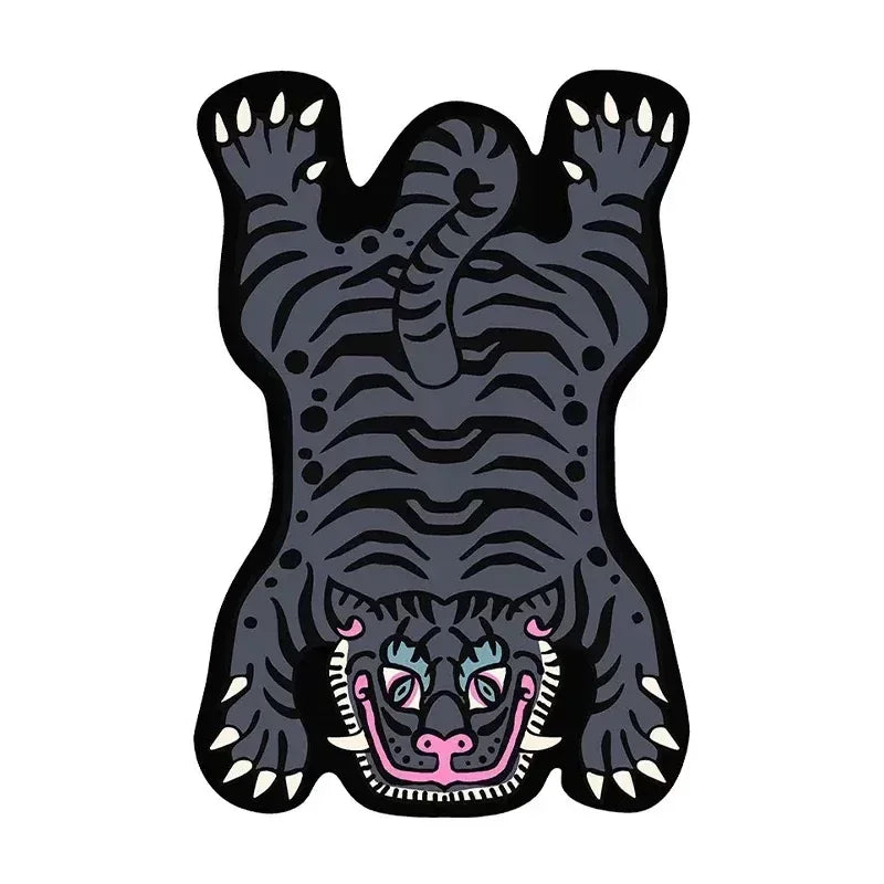 L'image montre un motif de tigre au design graphique audacieux et abstrait, utilisant des formes géométriques noires et grises pour créer une impression de puissance et de férocité.