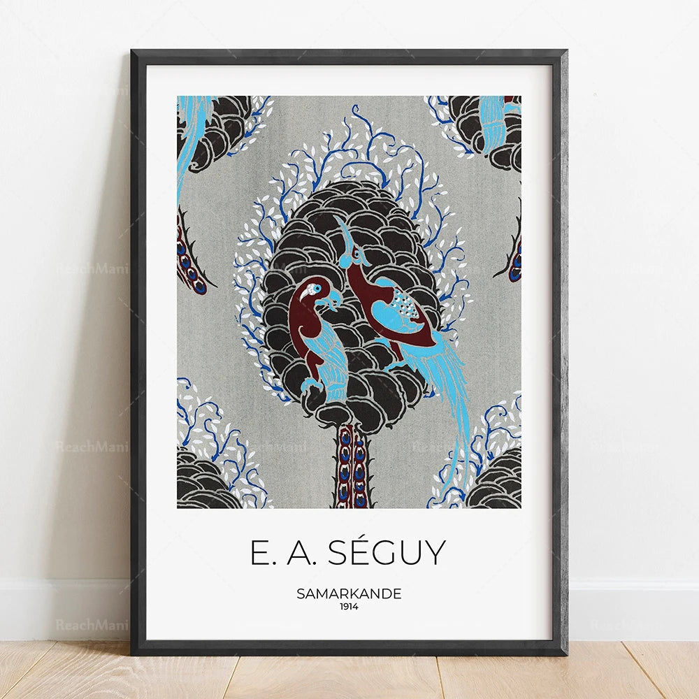 Cette oeuvre colorée et détaillée de E.A. Séguy présente un bouquet de fleurs stylisées aux teintes bleues et rouges sur un fond gris, créant une illustration élégante et décorative.