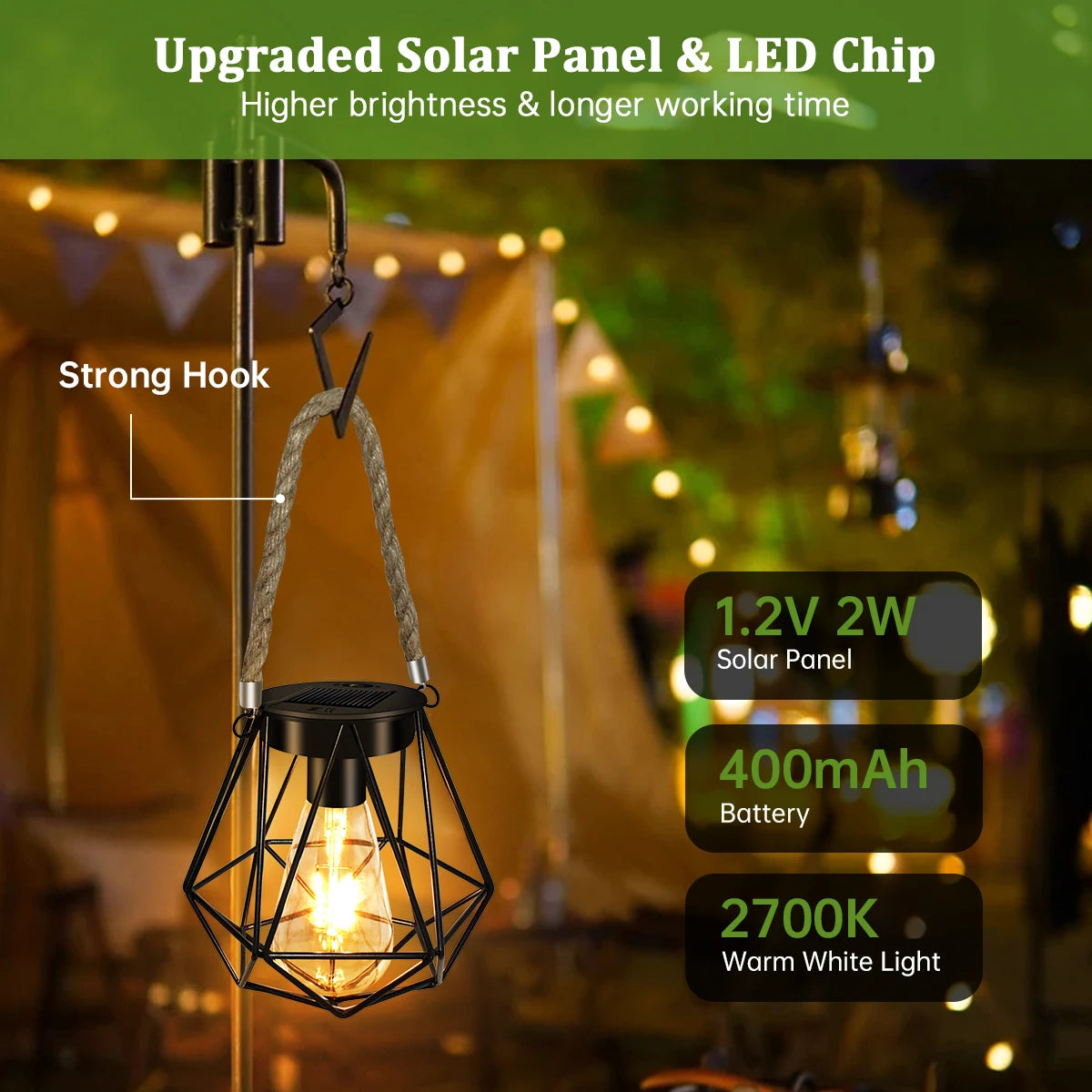 lampe solaire suspendue vintage cage métal noir rustique autonomie jardinextérieur