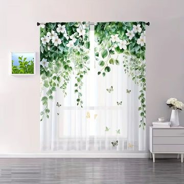 rideaux transparents vert blanc motifs fleurs papillons moderne fenetre polyester