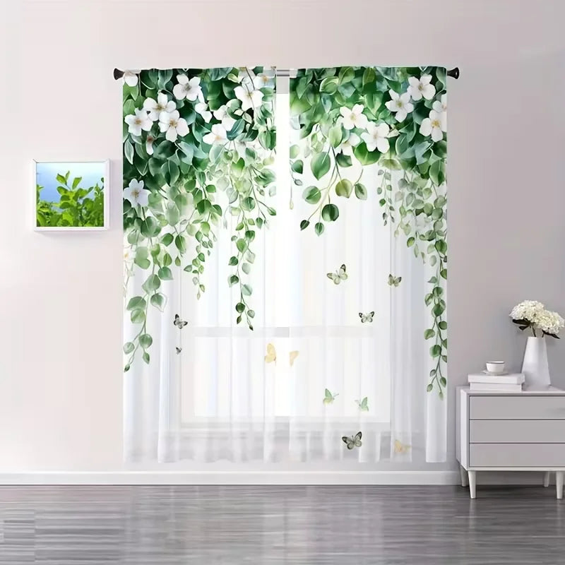 rideaux transparents vert blanc motifs fleurs papillons moderne fenetre polyester