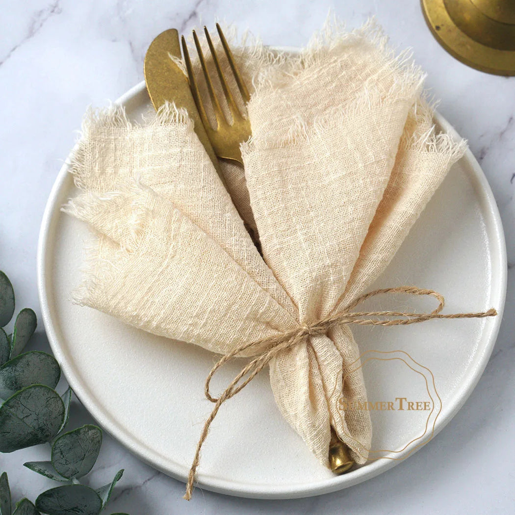 serviettes table coton beige bleu marine franges rustique réutilisables pack 20 cm32cm