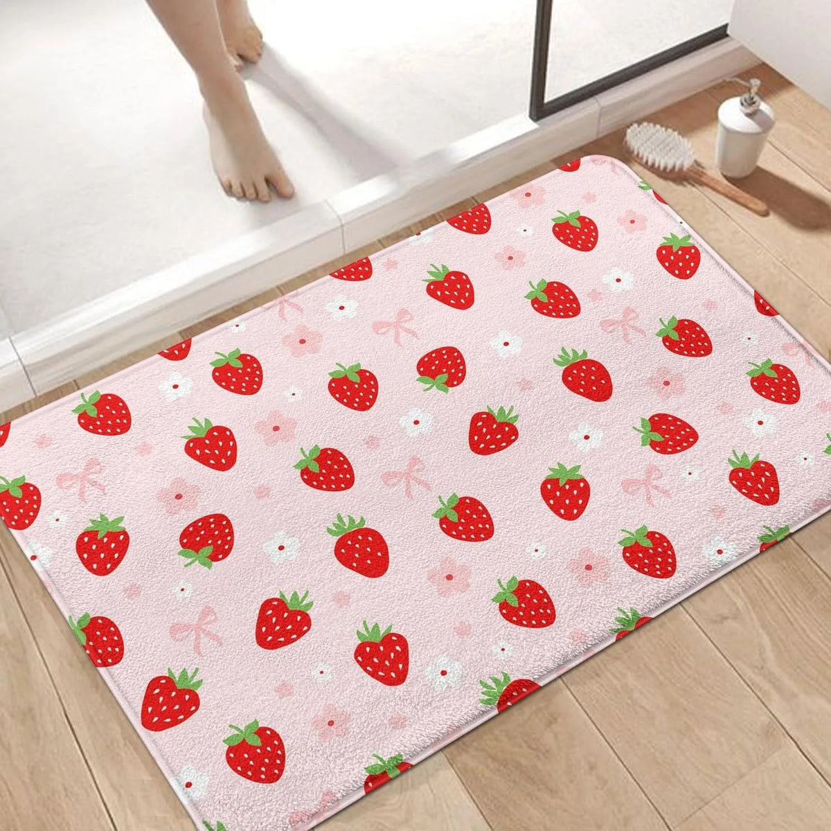 tapis sol moderne fraises cerises rubans coeurs rose antidérapant résistant extérieur salon