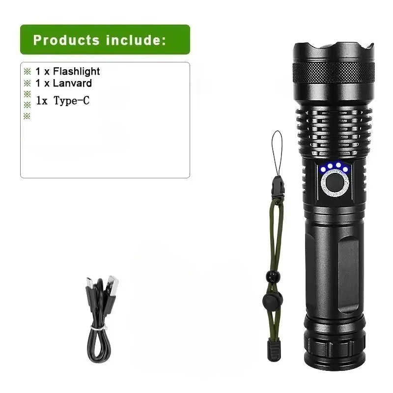 lampe torche led rechargeable 50w intense résistante camping travail noir texturé