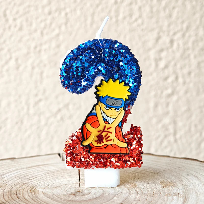 bougies décoratives anime personnages paillettes bleu rouge jaune blanc thème naruto shippuden anniversaire gâteau