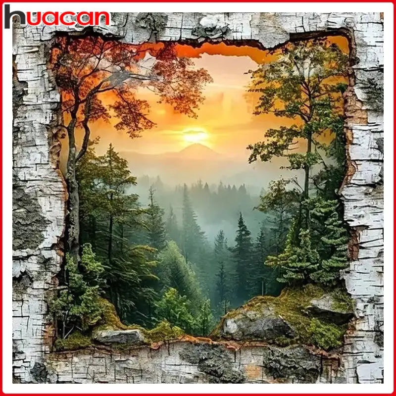 tableau diamant paysage forestier multicolore coucher soleil art contemporain diamants cadre noir