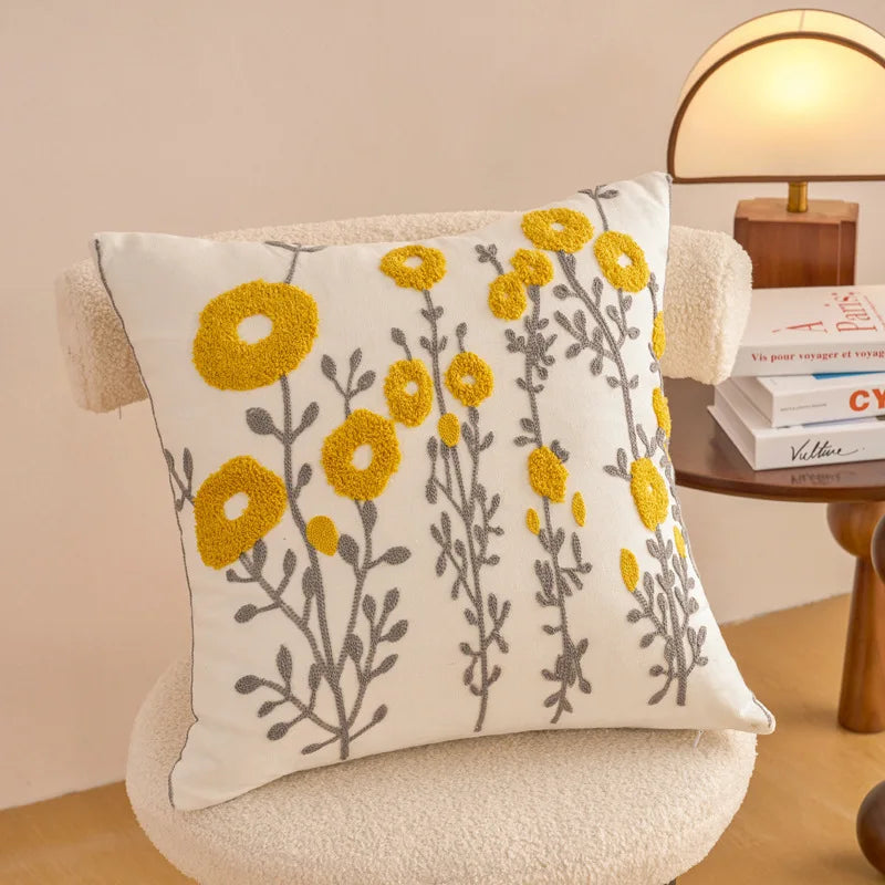 housse coussin décorative motif floral brodé moderne canapé salon lit maison blanc
