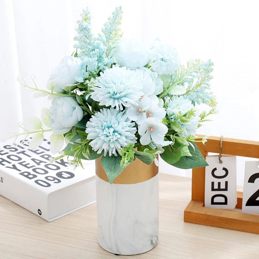 bouquet fleurs artificielles soie mariage décoration maison blanc rose bleu clair vert classiqueintérieur vase