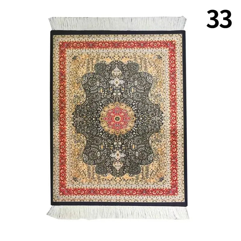tapis ornements floraux géométriques franges blanches non glissant rouge vert beige