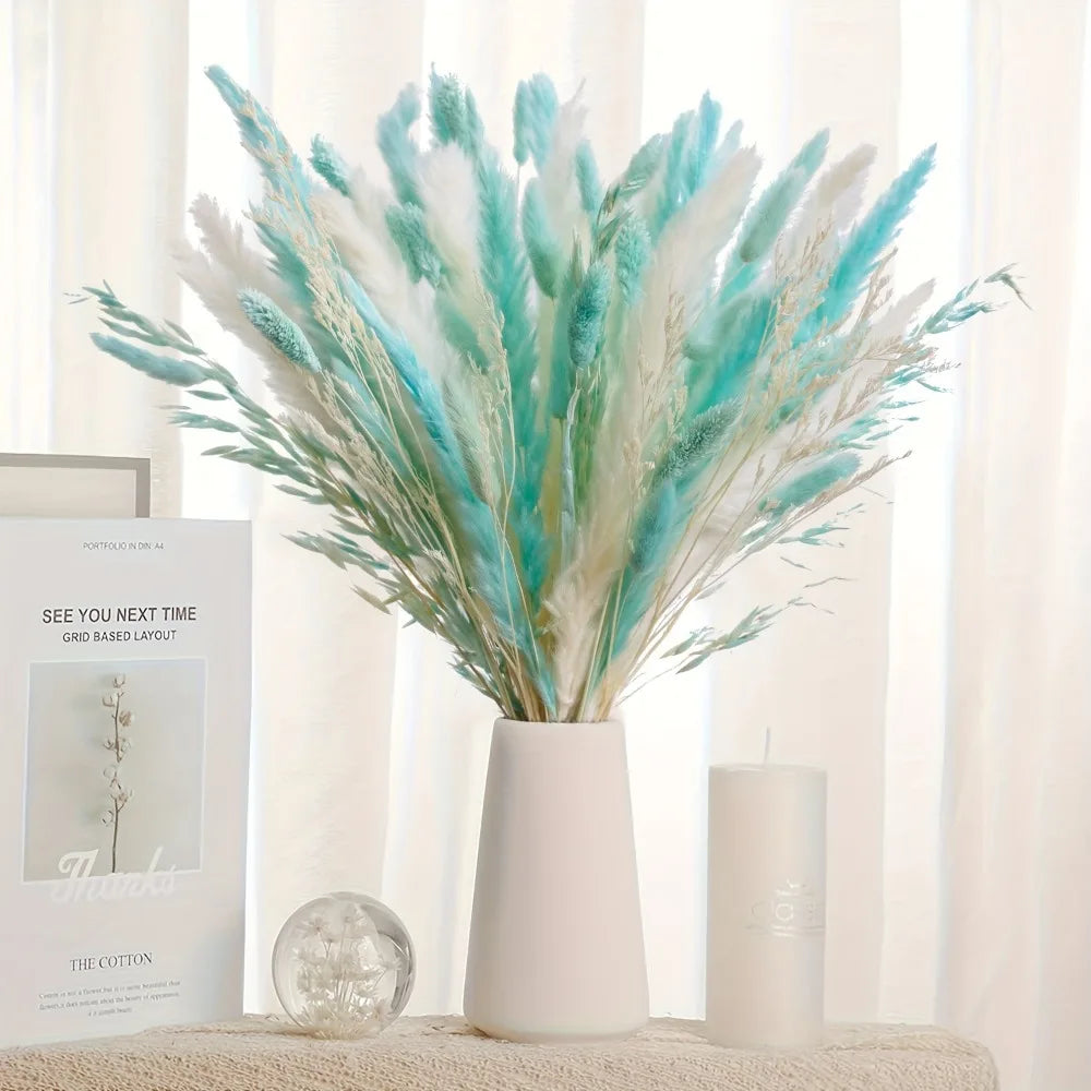 décoration intérieure bouquet pampas bleu blanc naturel vase bougie éléments