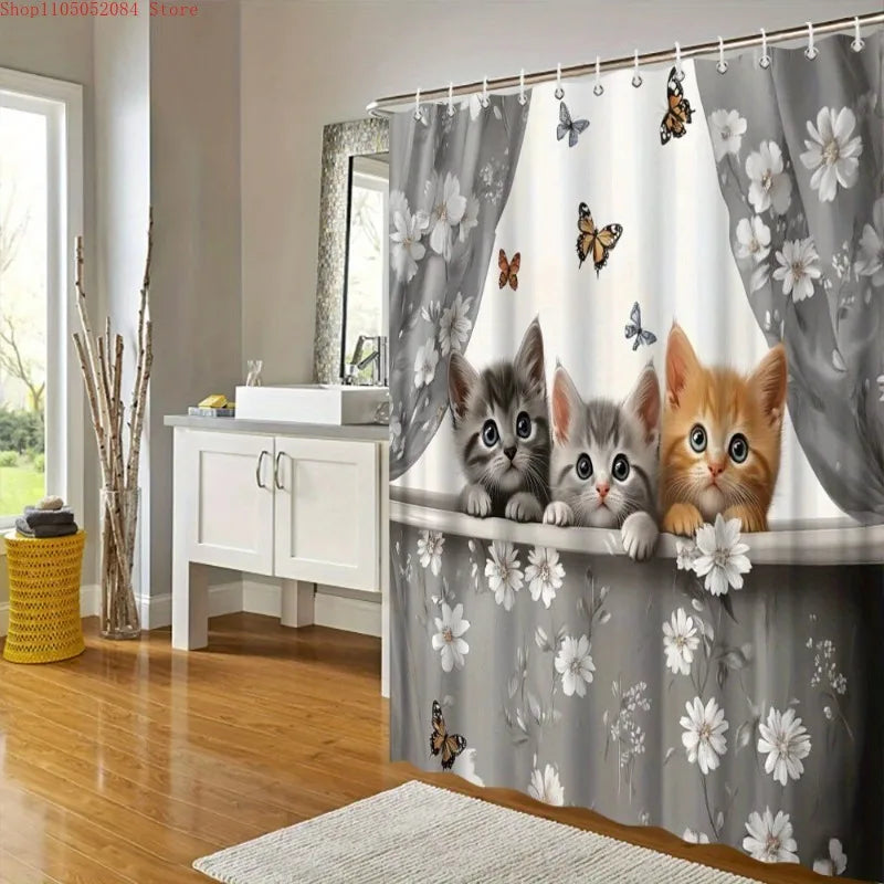 rideau douche polyester chats fleurs papillons moderne gris blanc orange
