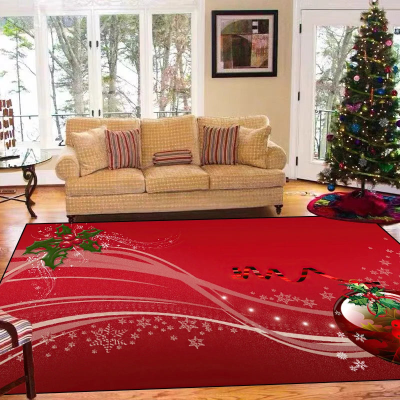 Un tapis de Noël rouge avec motifs festifs et lumineux, décorant une pièce accueillante avec un canapé moelleux près d'un bel arbre de Noël.