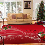Un tapis de Noël rouge avec motifs festifs et lumineux, décorant une pièce accueillante avec un canapé moelleux près d'un bel arbre de Noël.