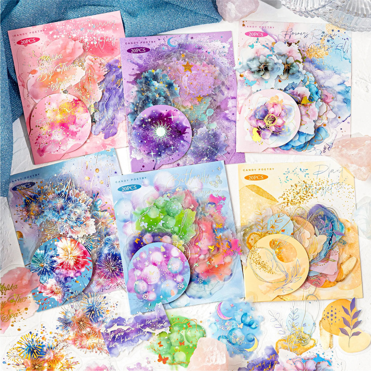 sticker floral abstrait adhésif bleu violet rose vert doré fleur étoile lune papillon