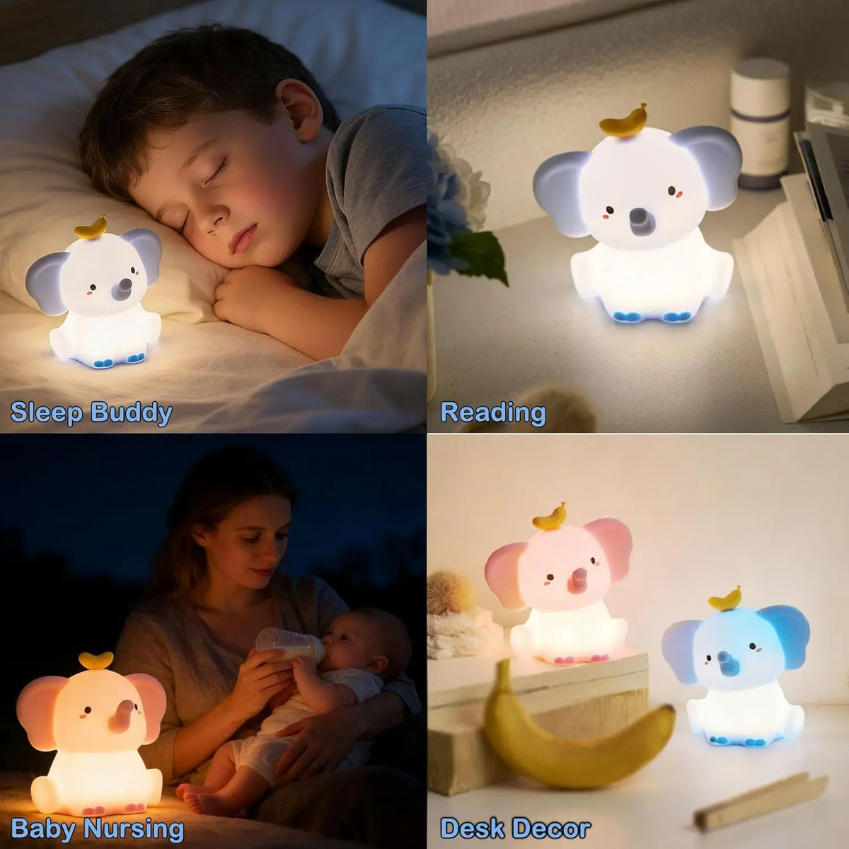 veilleuse éléphant blanc bleu jaune moderne flux lumineux faible intensité variable led chambre bébé
