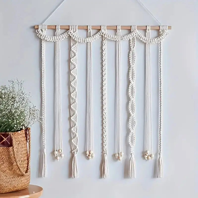 cadre mural macramé boho blanc motifs géométriques clips bois photos notes peigne