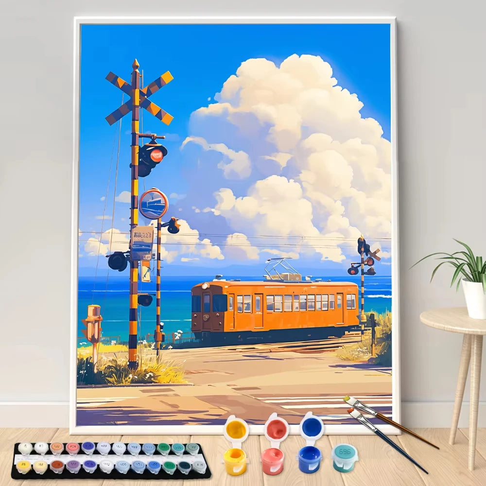 kit peinture numéros tableau paysage train toile pinceaux couleurs
