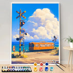 kit peinture numéros tableau paysage train toile pinceaux couleurs