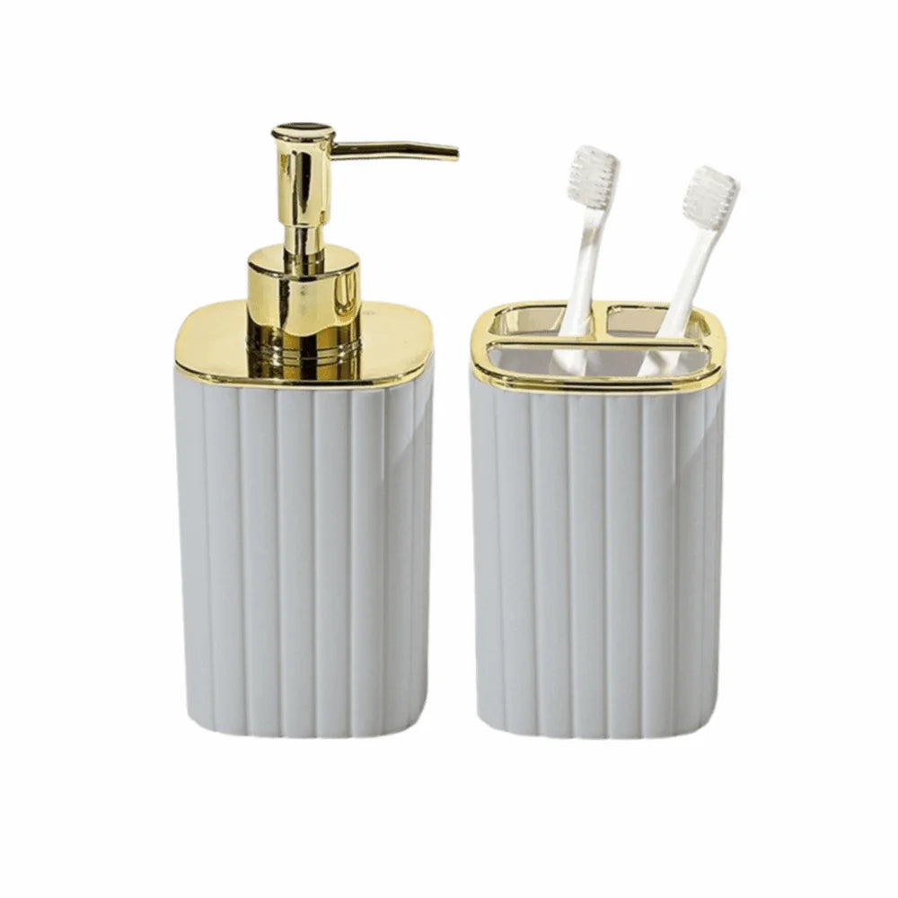 distributeur savon liquide porte brosses dents rayures verticales blanc beige vert foncé moderne élégant