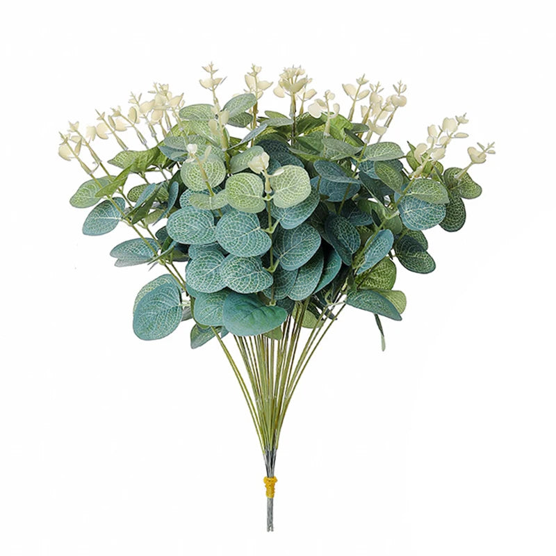 bouquet artificiel branches eucalyptus feuilles vertes fleurs blanches naturel intérieur decoration mariage
