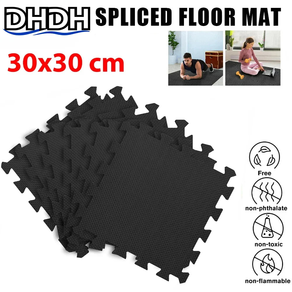 tapis sol noir puzzle géométrique moderne 30x30cm pack 16 pièces relaxation massage