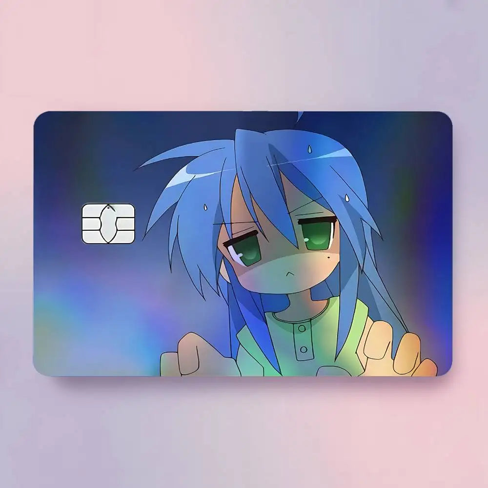 carte crédit personnalisée adhésive personnages animés holographique noir bleu vert arc ciel moderne illustratif