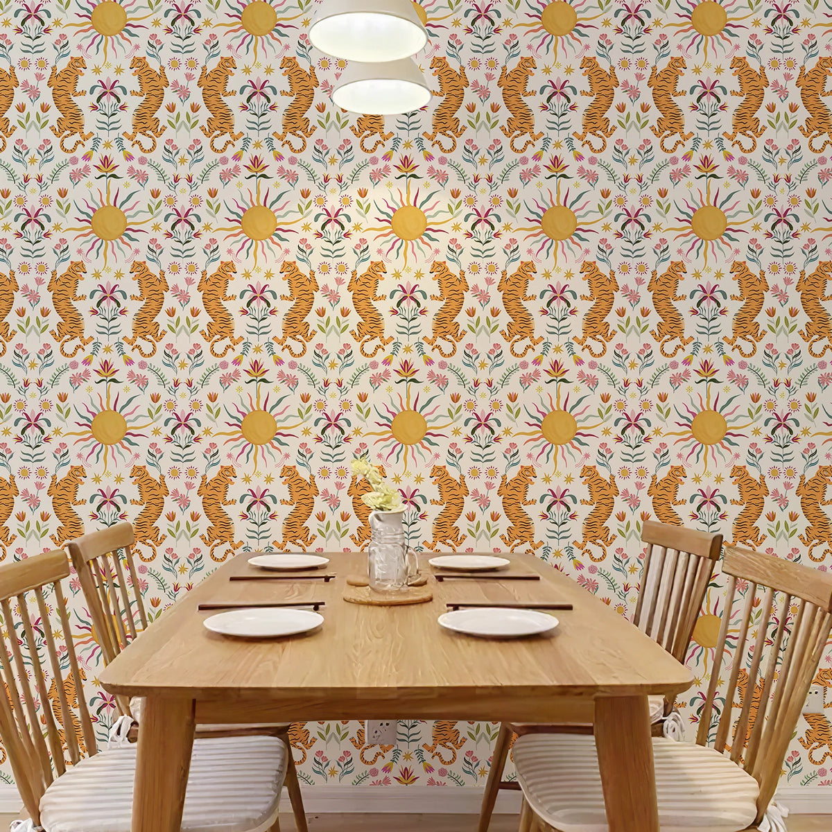 papier peint vinyle tigres sautant fleurs soleils boho chic salon chambre enfant cuisineOpaque Jaune