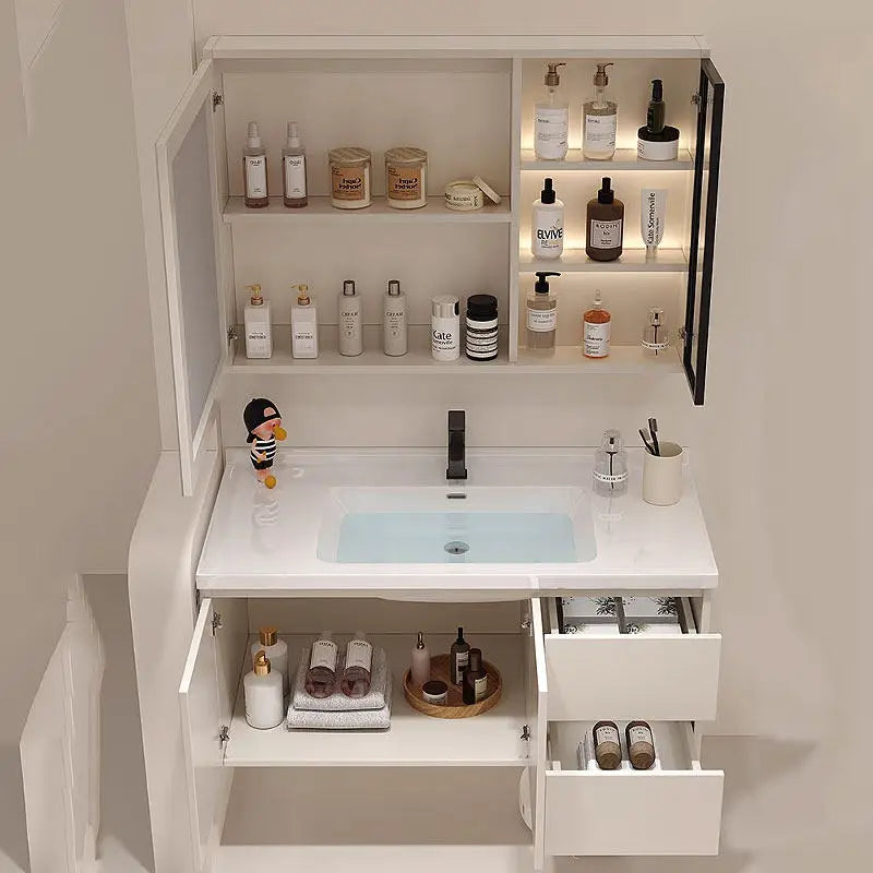 meuble salle bain moderne miroir tiroirs rangement céramique intégré beige clair fixé mur 100cm