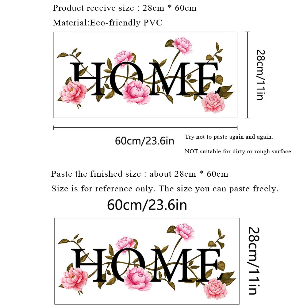 autocollant mural fleurs roses feuilles vertes lettres noires décoration intérieure floral chambre salon opaque