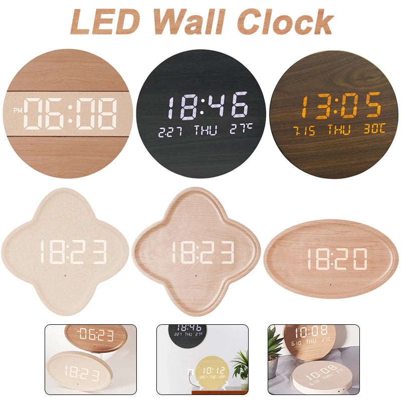 horloge murale led ronde bois naturel affichage numérique date moderne sans tic tac salon