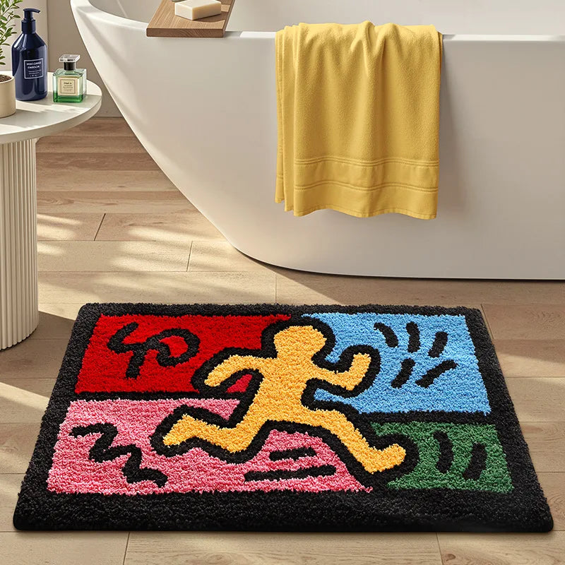 tapis bain moderne figures humaines coeurs motifs pas blanc rouge bleu jaune vert rose
