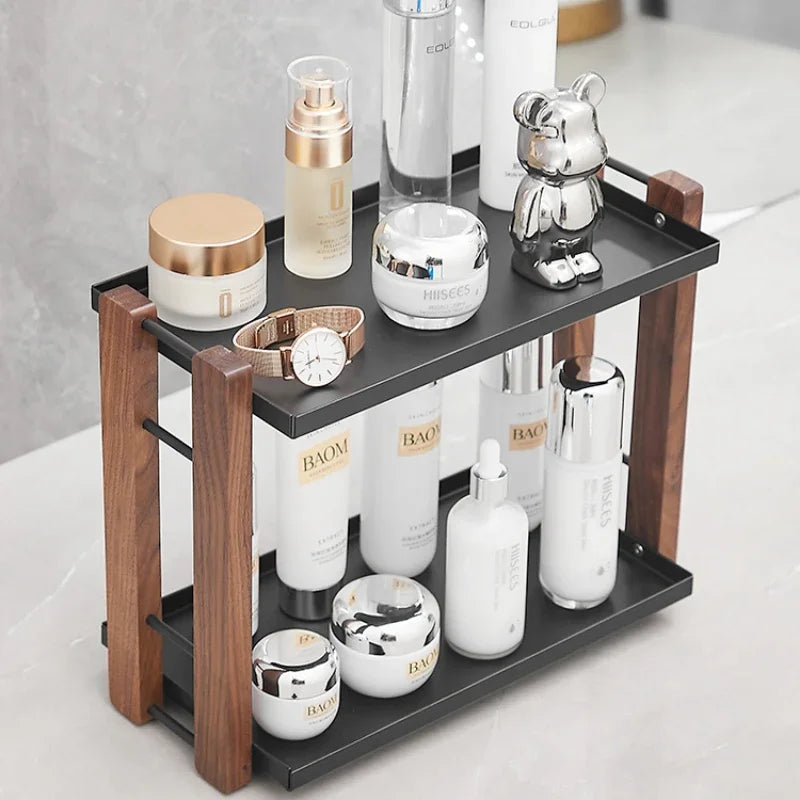 étagère moderne trois niveaux bois noir cosmétiques salle bain minimaliste rangement produits