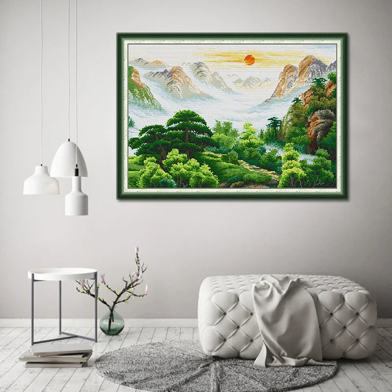tissu brodé paysage montagneux soleil levant aiguille fil coloré instructions modernes enfants decoration