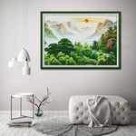 tissu brodé paysage montagneux soleil levant aiguille fil coloré instructions modernes enfants decoration