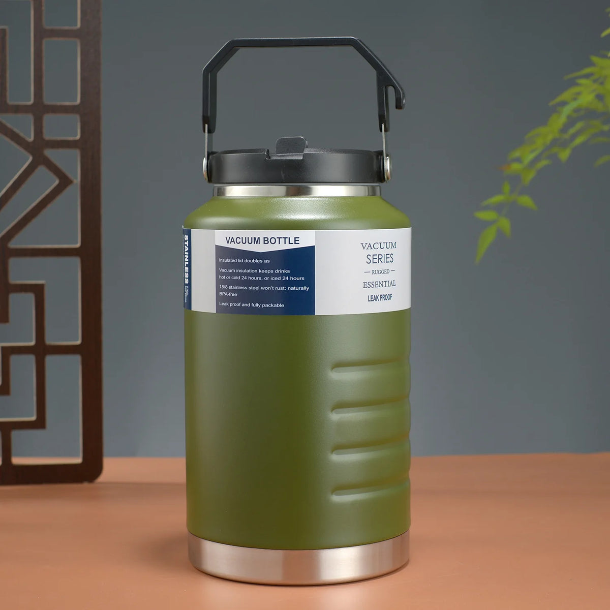 thermos bouteille 1500ml 2000ml acier inoxydable rayures horizontales poignée couvercle moderne vert olive noir
