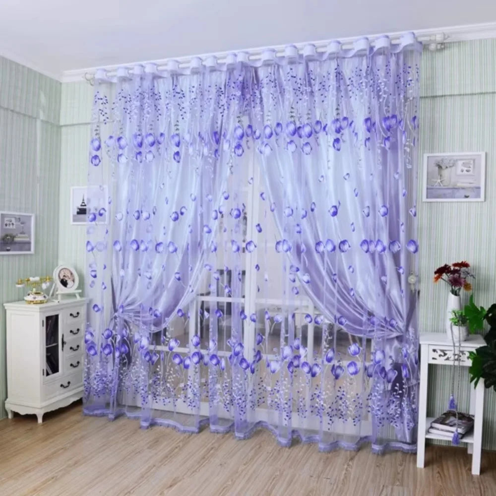 rideaux voilage floral violet rose bleu vert orange décoratif moderne polyester transparent chambre salonhôtel