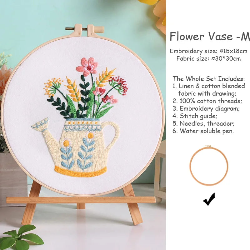 kit broderie fleurs vases multicolore traditionnel anneaux bois guide couture aiguilles fil coton
